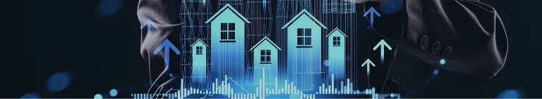 Businessperson presenting digital real estate and upward growth arrows on dark background.