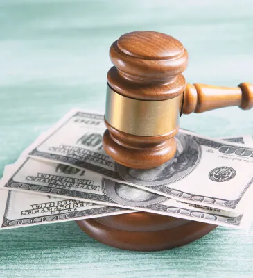 Wooden judge's gavel resting on a block with US hundred-dollar bills underneath.