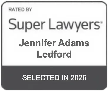 Award badge with black and white text stating "Rated by Super Lawyers, Jennifer Adams Ledford, Selected in 2026.