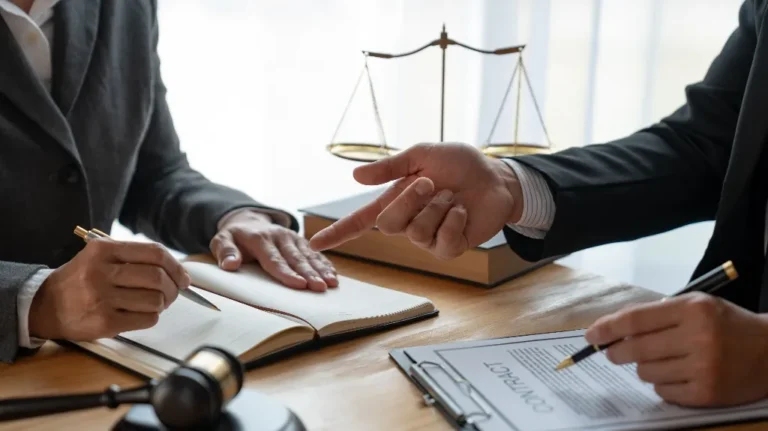 Two professionals in suits discussing a contract with legal scales and gavel on wooden table.