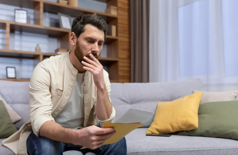Man with beard sitting on gray sofa, reviewing documents in a modern living room.