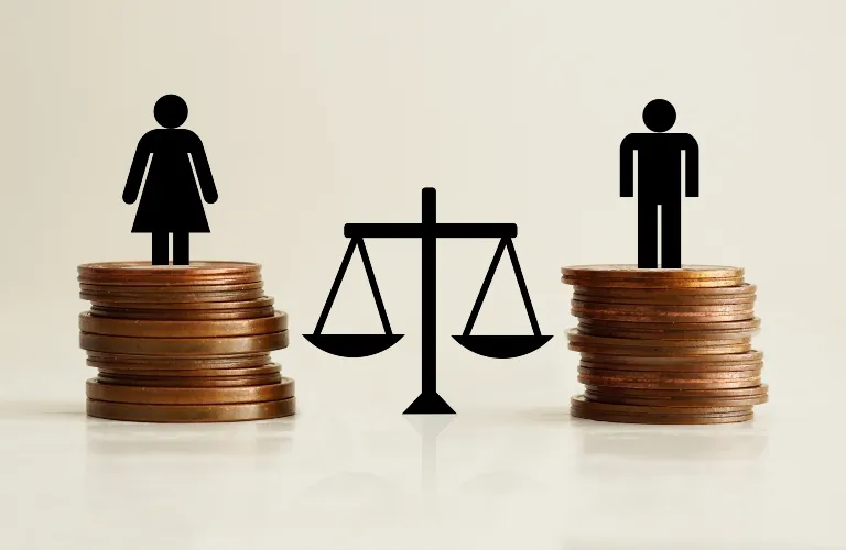 Black male and female icons standing on uneven stacks of coins beside a balanced scale.