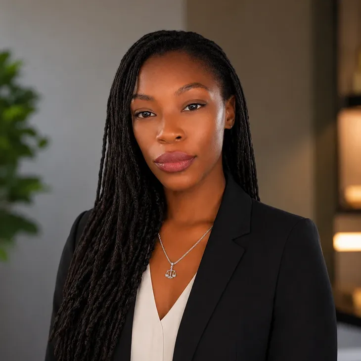 Professional portrait of a woman with long braided hair wearing a black blazer and scales of justice necklace.